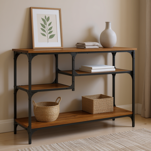 Brown Oak Engineered Wood Console <b>Table</b> With Metal Accents Industrial Modern Living Room Furniture - Product Image 2