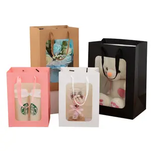 Custom Logo Eco-friendly Affordable Paper Bag Gift Packaging Bag with Lucency PVC Window Cardboard Offset Printing Drawstring