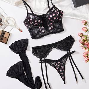 Sexy Flower Print Embroidered Lace Lingerie Set Hot Sell Suspenders Bra and Panty Set With <b>Stockings</b> - Product Image 2