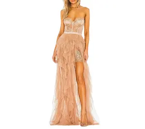 Custom High Low Floor-Length Tiered Ruffle Hem Gown Sleeveless Backless Women Party Evening Long Lace Evening Dress