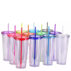 Y671 Wholesale 16oz 24oz 32oz Double wall clear insulated plastic tumbler Acrylic Plastic tumbler with lid and straw