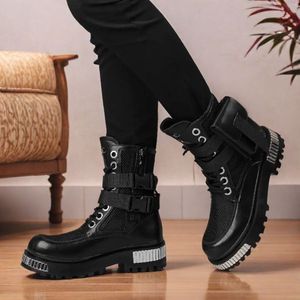 Bottes pour hommes blanches en cuir ultrafilm Fermeture éclair Cylindre court surélevé Bottes de moto d'été - Product Image 4