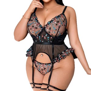 Ensemble de lingerie <span class=keywords><strong>grande</strong></span> <span class=keywords><strong>taille</strong></span> pour femmes avec <span class=keywords><strong>porte</strong></span>-jarretelles, 2 pièces, body en dentelle style babydoll - Product Image 5