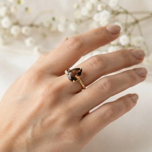 Bague en argent sterling 925 de style classique avec pierre précieuse en quartz fumé, coupe poire, vermeil éternité - Product Image 2