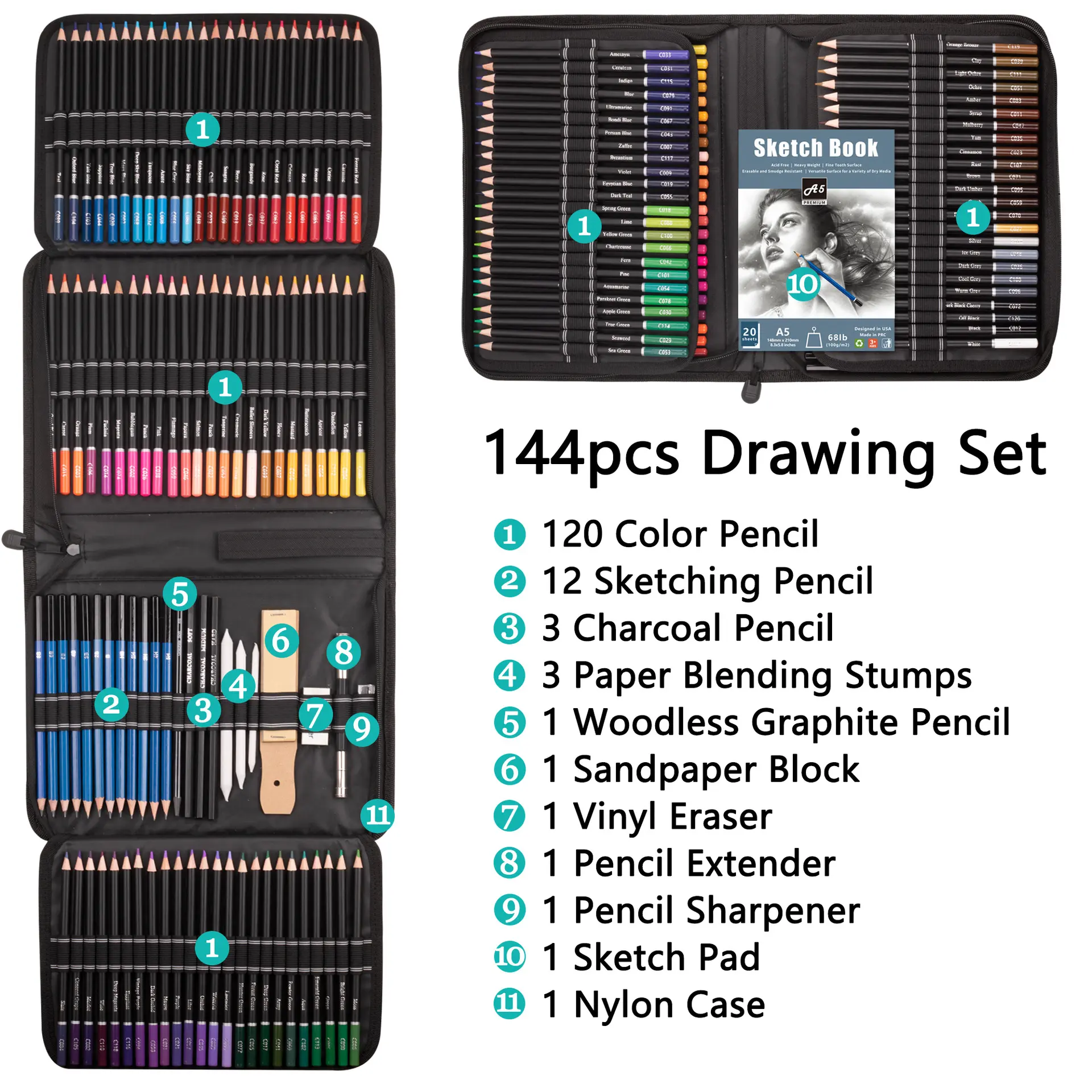 Conjunto de lápis de desenho da cor bview, conjunto de lápis coloridos para presente, 144 peças