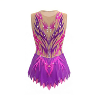 Justaucorps de gymnastique violet rose ombré avec accents en cristal et panneaux transparents couleur chair pour les compétitions d'élite