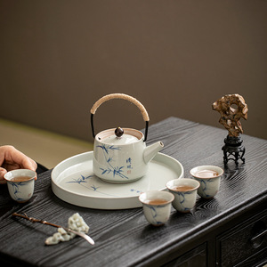 Théière en céramique de bambou peinte à la main avec poignée et filtre, couleur sous-glaçure, style rétro, pour la cérémonie du thé chinois - Product Image 3