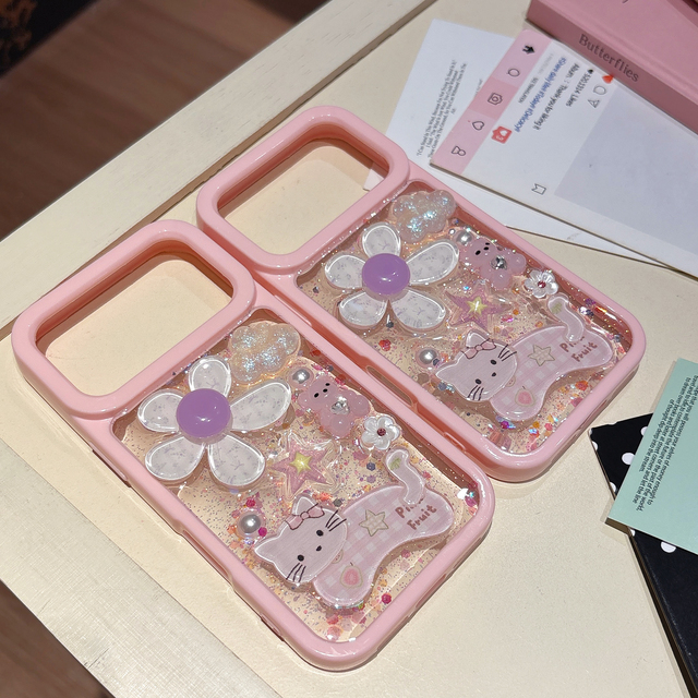 Cute Pink Cat Resin Phone Case for iPhone 17 13 15 16 3D Flower Handmade Design Kawaii Protective Cover for Women Girls Fashion