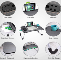 Bureau de lit pour ordinateur portable et écriture avec rangement, porte-gobelet, éclairage |   Support pliable pour ventilateur, porte-stylo et tablette, pour lit