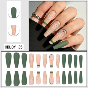 Lot de 24 faux <span class=keywords><strong>ongles</strong></span> longs <span class=keywords><strong>vert</strong></span> <span class=keywords><strong>olive</strong></span> à presser, motifs fleurs de cerisier et strass, en ABS pré-dessinés - Product Image 6