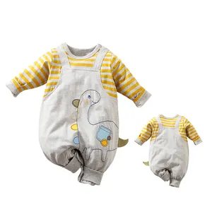 Schattige Dinosaurus Stripe Print Overalls Op Zoek Met Lange Mouwen Lente Herfst 100% Katoen Pasgeboren Baby Jongens Rompertjes