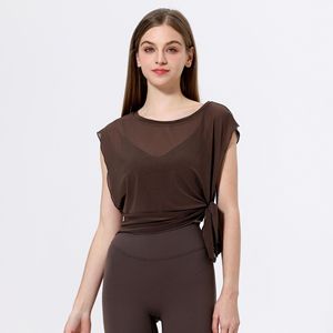 Wholesale Women's 2 in 1 Mesh Yoga Top Built-in Bra Side <b>Tie</b> Cap Sleeve Athletic T Shirt Quick Dry Dance Pilates Workout Shirt - Product Image 1