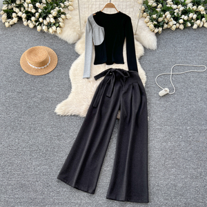 Conjunto de Pantalones Anchos de Lana de Cintura Alta con Tirantes y <span class=keywords><strong>Camiseta</strong></span> Sexy con Bloques de Color para <span class=keywords><strong>Mujer</strong></span>, Otoño, Venta al por Mayor de Boutique - Product Image 1