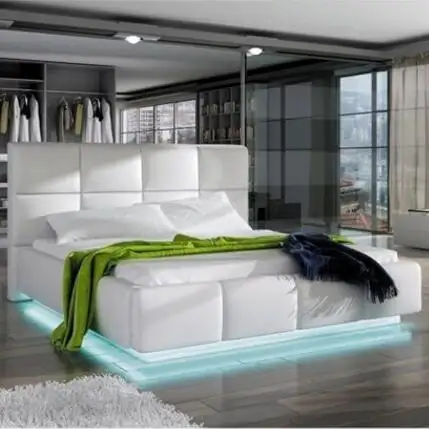 LEDライト付きホワイトレザーの豪華な収納ベッド