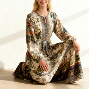 OEM Usine Personnalisée Printemps Été <span class=keywords><strong>Robe</strong></span> à Imprimé <span class=keywords><strong>Bohème</strong></span> Femmes Style Ethnique <span class=keywords><strong>Robe</strong></span> à Couture à Manches Longues Ample - Product Image 3