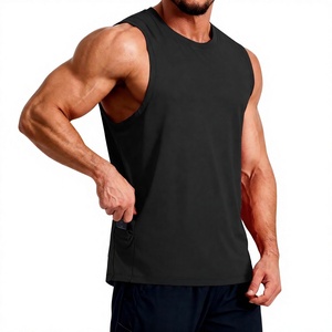 <b>Men's</b> <b>Black</b> Sleeveless <b>Tank</b> <b>Top</b> O-Neck Quick Dry Sporty Fit With Side Pockets Knitted Polyester Solid Color Workout Wear - Product Image 4