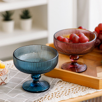 Multifunctionele gekleurde glazen schaal met voet, 374ml, verticaal geribbeld glas, fruitschaal, snackschaal, dessertschaal voor dagelijks huishoudelijk gebruik