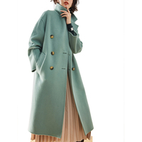 Manteau long en laine vert menthe pour femme, double boutonnage, revers cranté, coupe ample, mi-long, avec poches