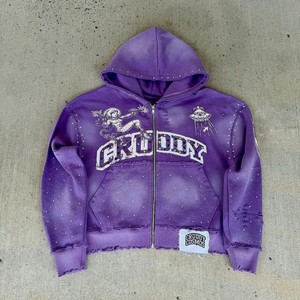 Fabricantes de ropa para hombres, sudaderas con capucha recortadas, chaqueta con cremallera lavada con ácido, sudadera con cremallera de diamantes de imitación desgastada Vintage personalizada - Product Image 1