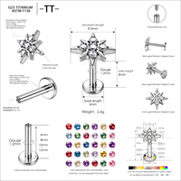 Clous d'oreilles en titane ASTM F136 avec zircon étoile, plaqués or, à dos plat, 16G, filetage interne, bijoux de piercing labret