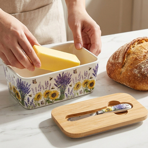 Mantequillera de Cerámica Estilo Campestre Francés con Tapa de Bambú y Cuchillo, Contenedor Rectangular de Porcelana para Lavanda - Product Image 3
