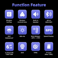 Écran GPS pour moto de 6,25 pouces, WiFi, navigation moto, étanche, écran sans fil Carplay, écran Android Auto pour moto