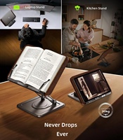 Support de livre rotatif à 360° en métal, pince de maintien de page, hauteur/angle réglables, base antidérapante mains libres, compatible avec les tablettes et les livres de cuisine