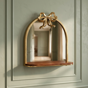 <b>Arch</b> Shaped Resinous <b>Framed</b> Wall Mirror with Wooden Shelf Durable for Glam Decor No Electricity Required - Product Image 1