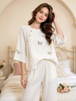 Nouvel ensemble de pyjama en coton brodé de style chinois pour femmes, avec haut à manches fines et pantalon long, manches trois-quarts papillon