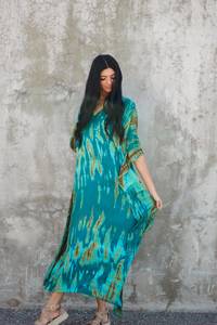 Boho Maxi <b>Dress</b> V-Neck Three Quarter Sleeve Tie Dye Cotton Loose Fit Summer Casual <b>Dress</b> With Slit Hem <b>Kaftan</b> <b>Dress</b> For Women - Product Image 3