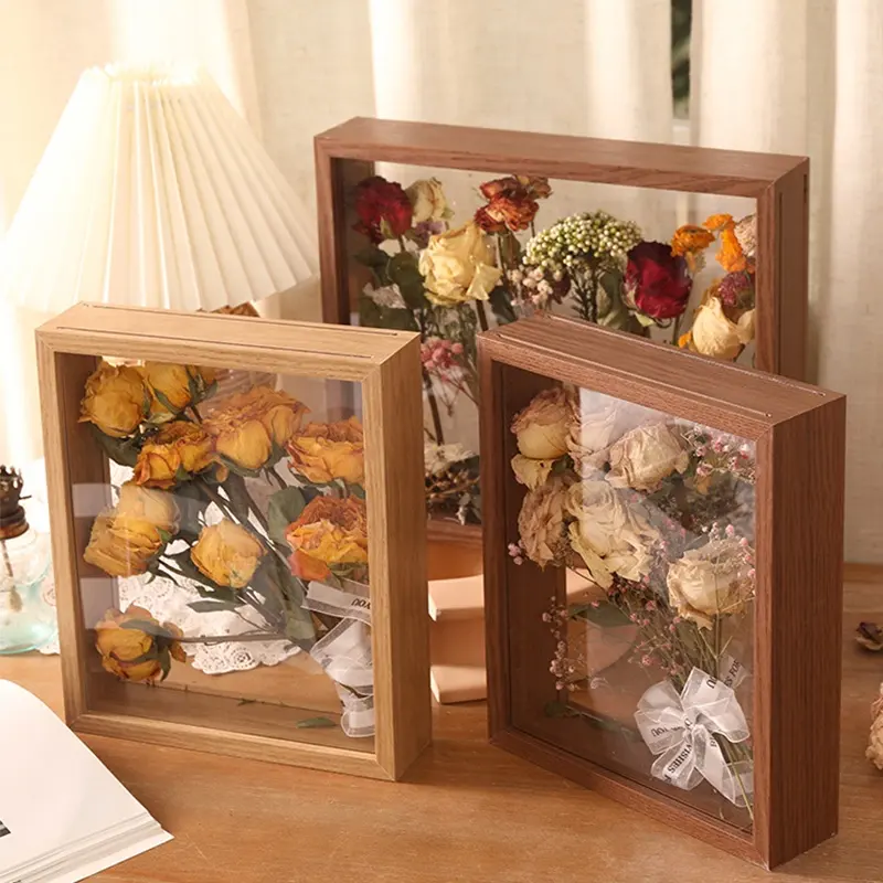 Vente en gros cadre de spécimen transparent double face avec plexiglas bois naturel 6x8 8x10 MDF cadre de boîte à photo spécimen