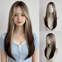 Perruque coréenne naturelle fabriquée à la machine, sans dentelle, très vendue, avec franges effet dessin animé, mèches, cheveux longs, filet rose, effet mat soyeux et volumineux