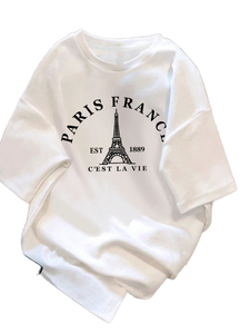 Camiseta de Punto Corta Holgada y Cómoda con Diseño de la Torre Eiffel de París, Estilo Casual de Verano, en Oferta - Product Image 1