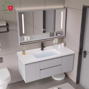 Juego de tocador de baño inteligente de madera maciza y MDF, moderno, montado en la pared, lavabo de cerámica integrado, cara/lavabo de mano, encimera de armario - Product Image 2