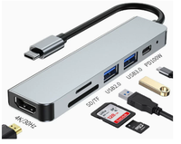 Adaptateur USB C 6 en 1, hub 3.0 multi-ports, station d'accueil pour ordinateur portable, convertisseur, extension USB Gigabit, lecteur de carte TF et station de charge PD, TV 4K HD