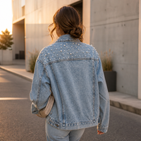 Veste en jean ornée de perles pour femme, style vintage, personnalisée, effet vieilli, automne, écologique