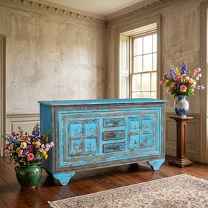 Vintage Mango Wood Distressed Blue <b>Sideboard</b> on Wheel with Brass Fitted Handcrafted For Interior Living Room Hotel Farmhouse - Product Image 1