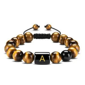A-Z Initials Bracelet 10MM Natural Black Onyx Tiger Eye Stone Beads Braided Rope Bracelet For For Men Letter Bracelet