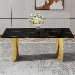<span class=keywords><strong>Mesa</strong></span> de Comedor Cuadrada Moderna Ajustable con Tapa de Vidrio Estampado Negro y Patas de Metal Dorado <span class=keywords><strong>para</strong></span> Restaurantes y Salas de Estar - Product Image 1