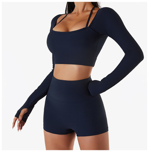 Set da Yoga abito sportivo da donna Set da due pezzi <span class=keywords><strong>manica</strong></span> <span class=keywords><strong>lunga</strong></span> Crop Top Leggings corti abiti da allenamento vita alta abbigliamento da palestra C14301 - Product Image 3