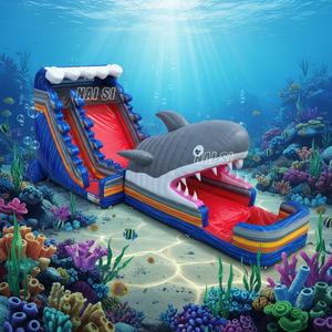 Grand château gonflable aquatique en forme de requin avec toboggan pour fêtes aquatiques - Product Image 1