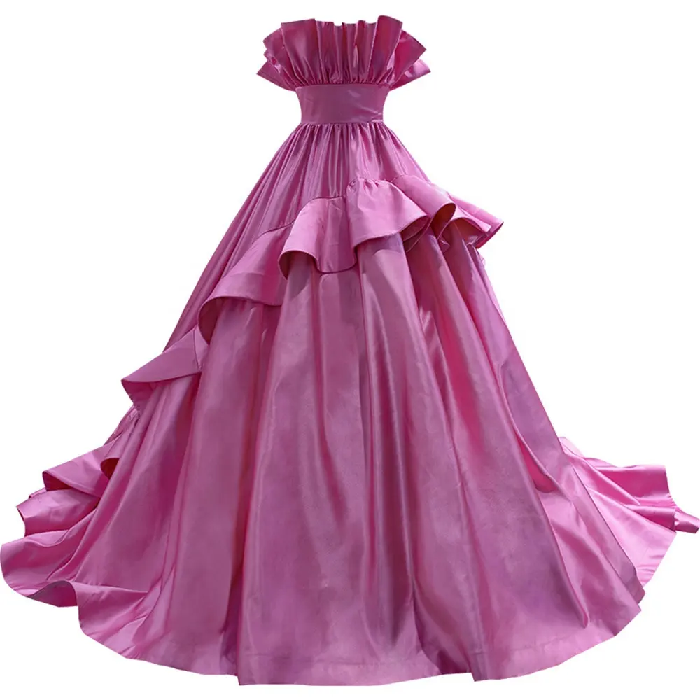 New Arrival Strapless Pink Satin Ruffles Puffy Princess Lace Up Custom Girls Party Prom Dress