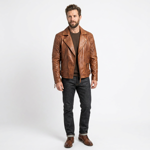 Men's Zipper PU Leather Wool Jacket O-Neck Collar Waterproof Windproof Hooded Slim Fit Casual Winter Street Jacket - Product Image 1
