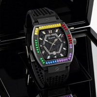 Nouveau modèle de montre automatique mécanique sportive pour homme, multifonctionnelle, en forme de tonneau, avec bracelet en silicone coloré et diamants incrustés