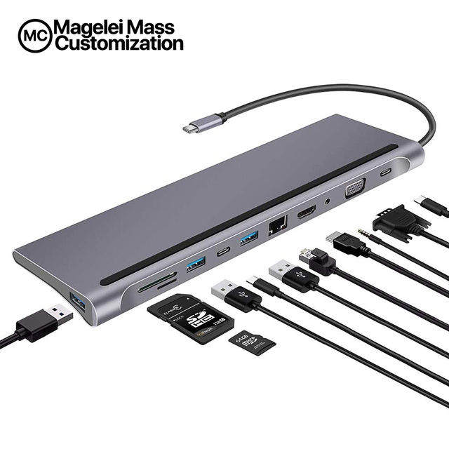 USB C Docking Station Type C 11 in 1 Aluminum Hub Adapter with 3 USB3.0 Ports USB-C PD 4K HDMI VGA RJ45 Ethernet SD TF DC3.5MM