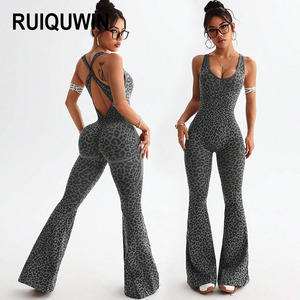 Ruiquwin Bán buôn phụ nữ của báo in Yoga bodysuit liền mạch Crisscross mở trở lại chặt chẽ lý tưởng cho phòng tập thể dục thể dục thể thao Jumpsuit - Product Image 1