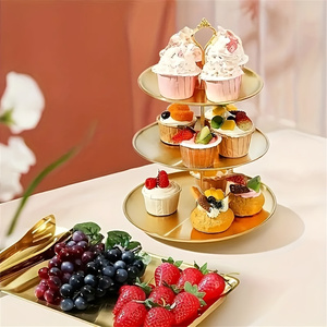 Ensemble de 2 plateaux à fruits en acier inoxydable à trois niveaux, style coréen, pour présentation de desserts, buffet, banquet, usage domestique quotidien - Product Image 2