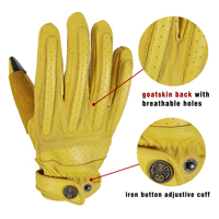 Gants de moto en cuir de chèvre jaune PRI à doigts entiers, design perforé, cuir pour écran tactile, gants de moto
