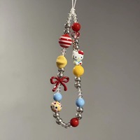 Cordon de téléphone Hello Kitty style coréen Ins, perles rayées rouge et blanc, pendentif CCD, pendentif appareil photo
