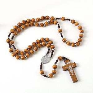 Rosario Católico con Cruz y Crucifijo, Cuentas de Madera Natural de 10mm, Aleación de Zinc Tejida, Joyería Cristiana de Jesús, Venta al Por Mayor - Product Image 1